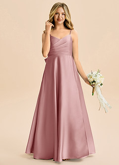 Azazie Rumi Junior Vestido de Rosa Polvorienta de Satén Elástico de Corte en A con Plisado image4