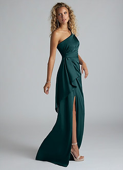 Azazie Maive Bridesmaid Dresses Pine Sheath Ruched Stretch Satin Dress image4