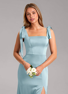 Azazie Frostine Bridesmaid Dresses Moody Blue A-Line Bow Stretch Satin Dress image4