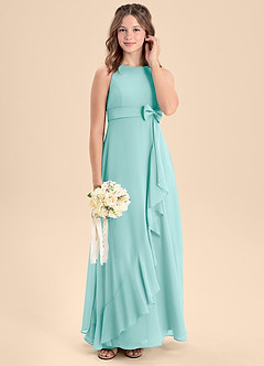 Azazie Lilenne Junior Aqua A-Line Bow Chiffon Dress image3