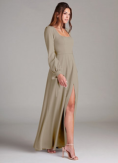 Azazie Leonia Bridesmaid Dresses Taupe A-Line Long Sleeve Stretch Crepe Dress image4