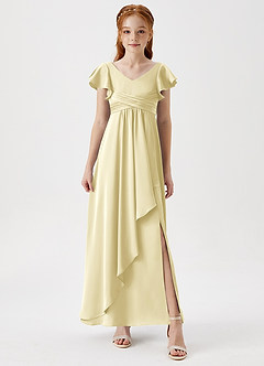Azazie Omari Junior Lemon Sorbet A-Line Pleated Stretch Satin Dress image4