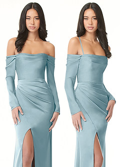 Azazie Hallie Bridesmaid Dresses Moody Blue Sheath Off-The-Shoulder Long Sleeve Stretch Satin Convertible Dress image9