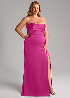 Azazie Saige Bridesmaid Dresses Fuchsia Sheath Off the Shoulder Stretch Satin Dress image17
