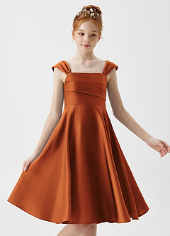 Azazie Amira Junior Cinnamon A-Line Pleated Stretch Satin Dress image3