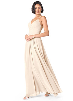 Azazie Avelina At-home Try On Dresses White Alabaster A-Line V-Neck Pleated Chiffon Dress image3
