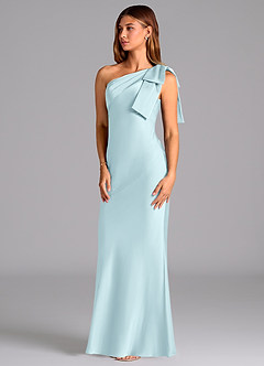 Azazie Yuanna Bridesmaid Dresses Cloud Blue Mermaid One Shoulder Stretch Satin Dress image4