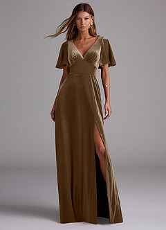 Azazie Kimber Bridesmaid Dresses Mahogany A-Line with Pockets Velvet Dress image1
