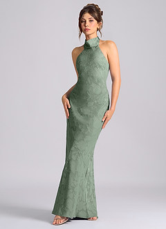 Azazie Velli Vestidos de damas de honor Vestido de Matcha de Devorado Floral de Corte Sirena con Cuello Alto image1