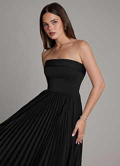 Azazie Mariana 신부 들러리 드레스 A라인 주름진 스트레치 새틴 바닥 길이 드레스 image4