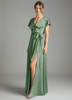 Azazie Lainey Vestidos de damas de honor Vestido de Matcha de Satén Elástico de Corte en A con Con bolsillos image4