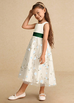 Azazie Pollie Flower Girl Dresses Sky Blue Dark Green A-Line Bow Tulle Dress image10