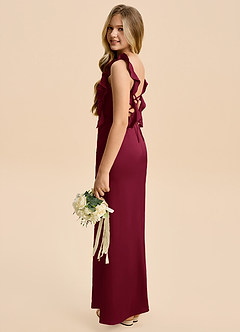 Azazie Jessamine Junior Burgundy Sheath Ruched Stretch Satin Dress image5