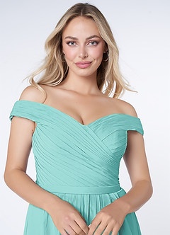 Azazie Audrianna Brautjungfernkleider Wandelbar A-Linie Schulterfrei gerafft Chiffon Kleid Aqua image5
