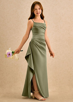 Azazie Cannoli Girls Formal Flower Girl Dresses Pistachio A-Line Pleated Stretch Satin Dress image1