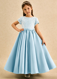 Azazie Cashew Flower Girl Dresses Sky Blue Ball-Gown with Sleeves Matte Satin Dress image2