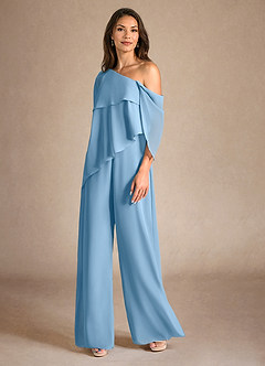 Azazie Halima Mother of the Bride Dresses Steel Blue Jumpsuit/Pantsuit Side Slit Chiffon Dress image2