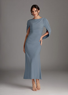 Azazie Bellona Dusty Blue Sheath Boatneck Luxe Knit Dress Ready to Ship |  Azazie