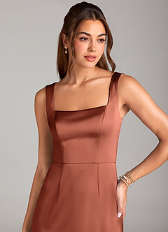Azazie Flori Bridesmaid Dresses Clay Sheath Side Slit Stretch Satin Dress image5