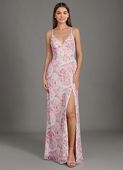 Azazie Becca Bridesmaid Dresses Abstract Watercolor Floral Sheath V-Neck Chiffon Dress image5