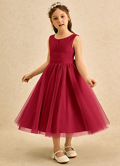 Azazie Macaron vestidos de niña de las flores Vestido Escarlata de Tul de Línea A con Plisado image4