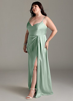 Azazie Brielle Bridesmaid Dresses Agave A-Line Cowl Spaghetti Straps Stretch Satin Dress image10