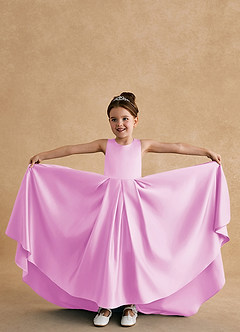 Azazie Sammy vestidos de niña de las flores Vestido de Rosa Caramelo de Satin Mate de Corte En A con Encaje image4