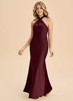 Azazie Chickie Junior Vestido de Cabernet de Satén Elástico de Corte Recto con Plisado image5