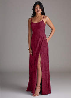 Azazie Moira Bridesmaid Dresses Burgundy A-Line Side Slit Floral Burnout Dress image3
