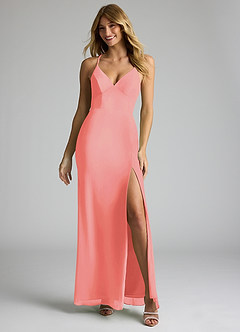 Azazie Becca Bridesmaid Dresses Coral Sheath V-Neck Chiffon Dress image3