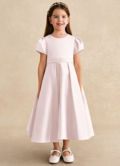 Azazie Princess Flower Girl Dresses Blushing Pink A-Line Pleated Matte Satin Dress image5