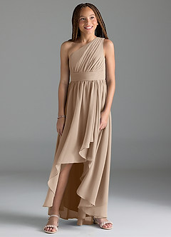 Azazie Mathilda Junior Robe Trapèze en Mousseline de soie Plissée Taupe image4