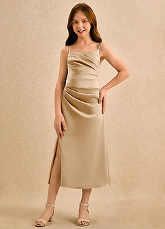 Azazie Canna Girls Formal Blumenmädchenkleider A-Linie Plissee Stretch-Satin Kleid Gold image4