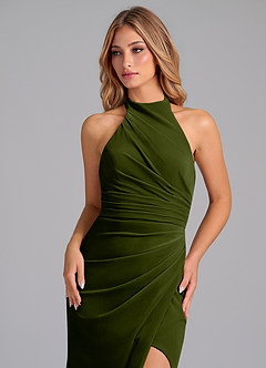 Azazie Jemma Bridesmaid Dresses Olive Sheath Pleated Velvet Dress image2