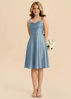 Azazie Bear Vestido de Azul Polvoriento de Satén Elástico de Corte en A con Escote de Corazón image5