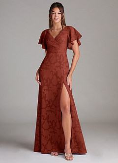Azazie Ambrosia Bridesmaid Dresses Terracotta A-Line Pleated Floral Burnout Dress image1