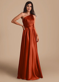 Azazie Charlize Bridesmaid Dresses Paprika A-Line One Shoulder Metallic Satin Dress image3