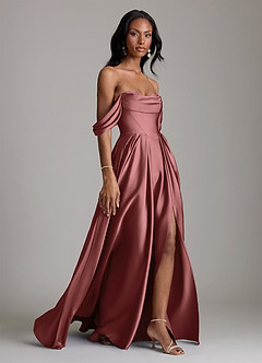 Azazie Loisa Abiti da Damigella Abito A-Line in Raso Elasticizzato a Spalla Scoperta Ametista image6