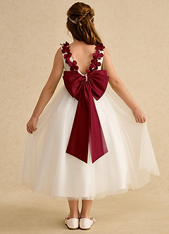 Azazie Lilli Blumenmädchenkleider A-Linie Schleifen Tüll Kleid Elfenbein Burgund image2