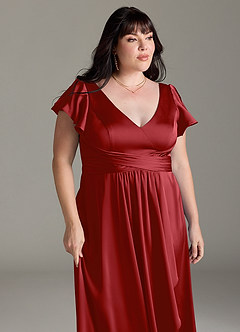 Azazie Omari Bridesmaid Dresses Pomegranate A-Line Stretch Satin Dress image12
