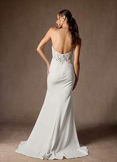 Azazie Mari At-home Try On Dresses Diamond White Mermaid V-Neck Stretch Crepe Dress image3