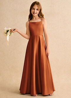 Azazie Joella Girls Formal Robe Demoiselle D'honneur Fillette Robe Trapèze en Satin extensible Plissée Cannelle image2