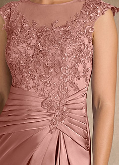 Azazie Santa Barbara Mother of the Bride Dresses Rosette Sheath Pleated Stretch Satin Dress image9