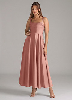 Azazie Shaude Bridesmaid Dresses Rosette A-Line Pleated Stretch Satin Dress image1