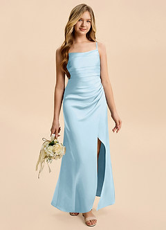 Azazie Minnie Junior Sky Blue A-Line Ruched Stretch Satin Dress image5