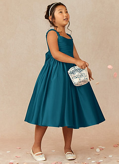 Azazie Cutie Pie Flower Girl Dresses Ink Blue A-Line Pleated Matte Satin Dress image1