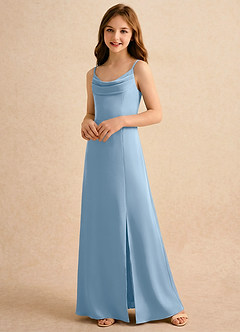 Azazie Shira Girls Formal Flower Girl Dresses Powder Blue A-Line Pleated Stretch Satin Dress image3