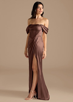 Azazie Lynden At-home Try On Dresses Auburn Sheath Off the Shoulder Metallic Satin Convertible Dress image7