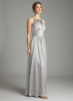 Azazie Bonnie Bridesmaid Dresses Silver A-Line Pleated Stretch Satin Dress image4