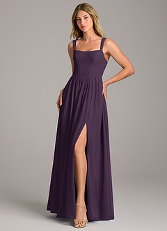 Azazie Rosaline Bridesmaid Dresses Plum A-Line Side Slit Chiffon Dress image3